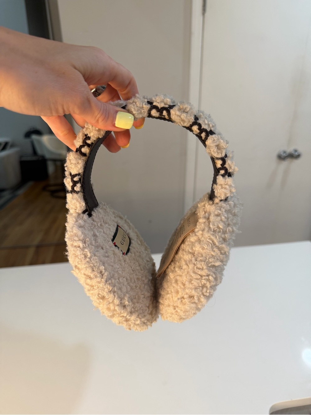 Gucci Cream Sherpa Earmuffs with Black Logo